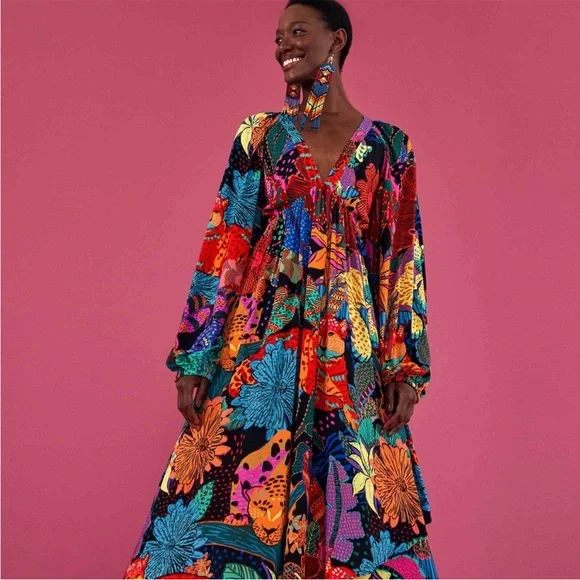 FARM Rio Black Cool Leopards Maxi Dress Large NWT - Picture 1 of 16